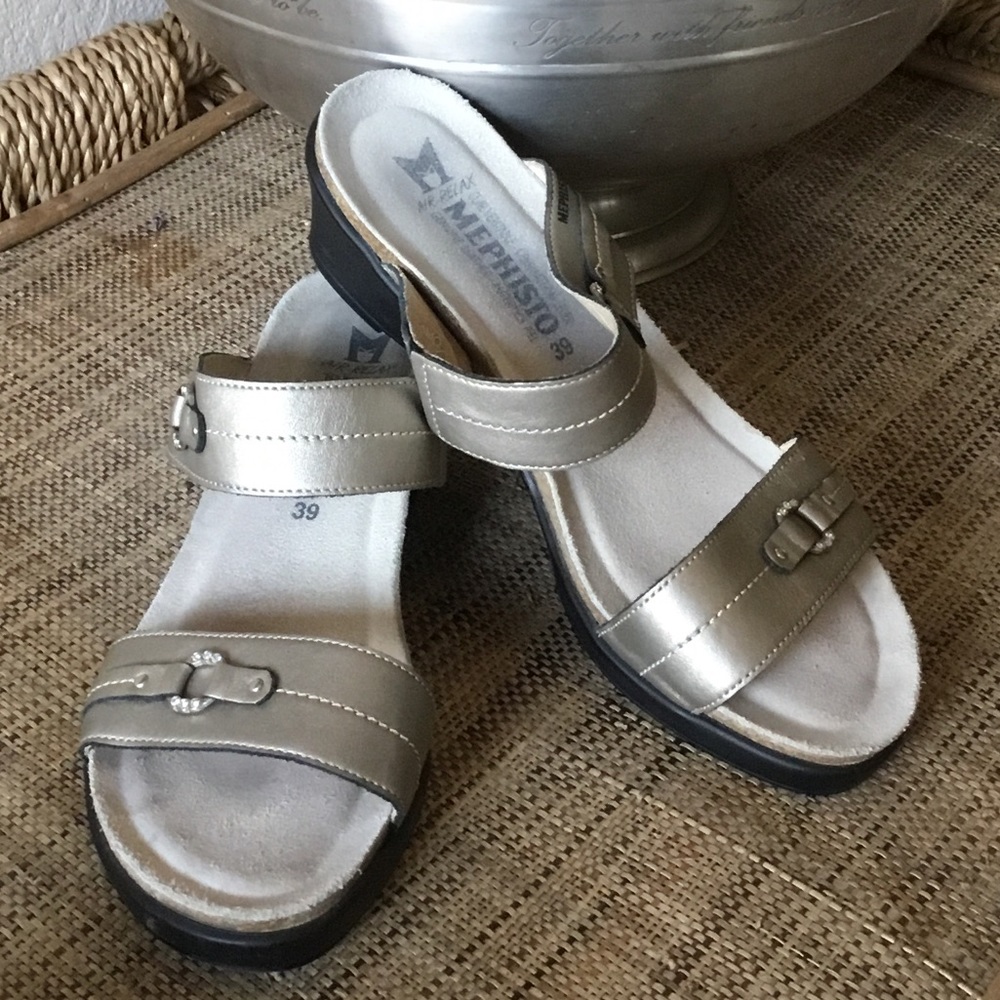 Mephisto Metallic silver Leather Slide Sandals